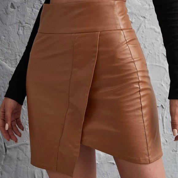 Camel Asym Wide waist leather mini skirt party - Picture 4 of 13